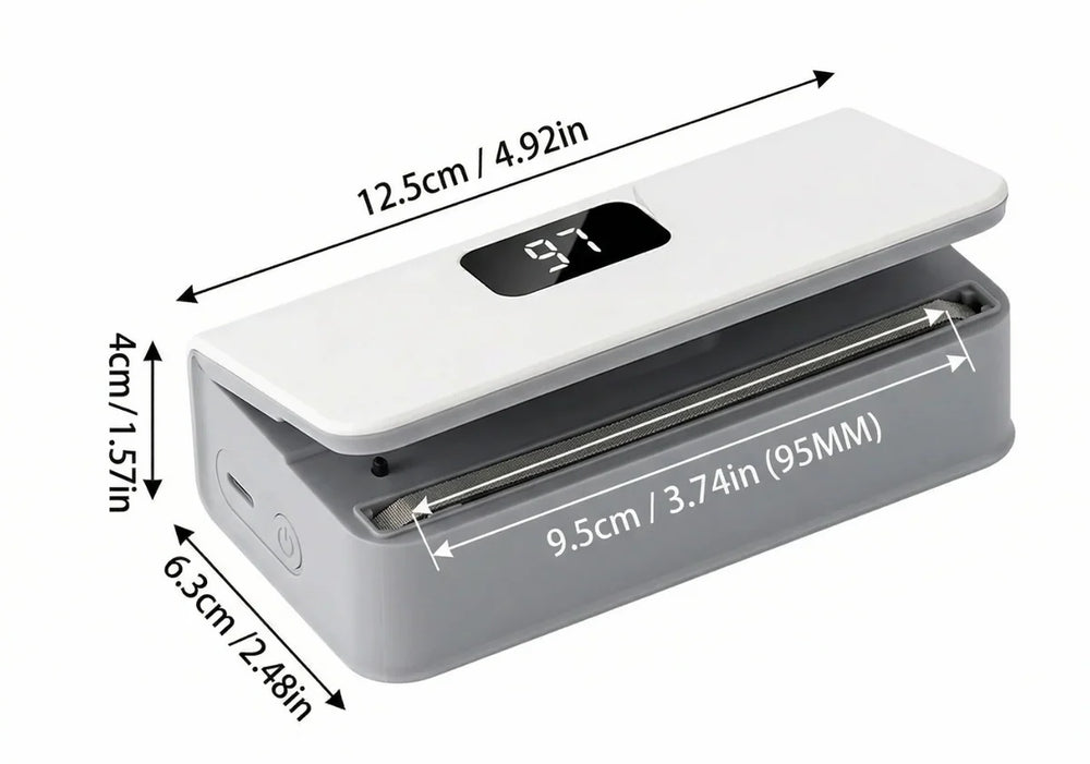 ZIPERO dimensions: 12.5 cm long, 6.3 cm wide, 4 cm tall with a 95 mm sealing strip